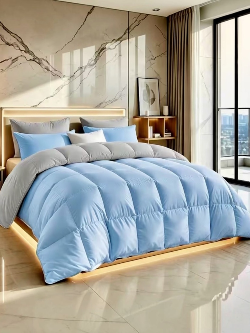 New Twin Quilt Set Light Blue &Grey 2 Pc Bedding
